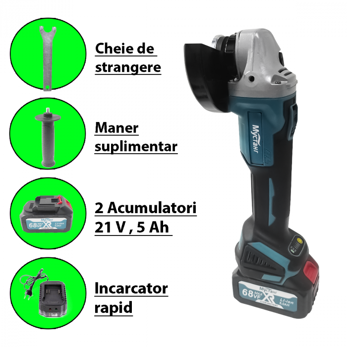 Polizor unghiular cu 2 acumulatori , Mustang , 24 V , 5 Ah , Diametru disc 125 mm , 9000 Rpm [7]