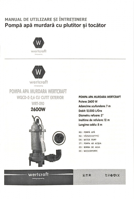 Pompa apa murdara DDT cu tocator exterior si flotor, 2600 W, 12 mc/h, 12 m refulare [10]