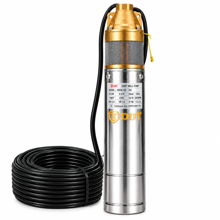 Pompa apa submersibila DDT cu 2 turbine din alama, 4SKM-150, 2200W, 5 m³/h, refulare 120m, 4 bar, corp inox, bobinaj 100% Cupru [2]