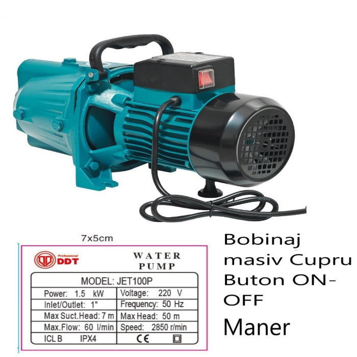 Pompa de suprafata JET100P, 1.5kW, apa curata, 60L/min, 50m, 1" cu buton pornire-oprire si bobinaj masiv cupru - RESIGILATA [3]