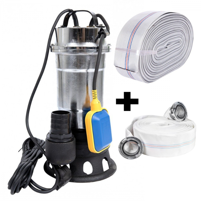 Pompa pentru apa murdara cu plutitor fara tocator, DDT, Inox, SWP2550F, 2550 W, 25 mc/h + Furtun pompier, 20 metri, 2 toli + Furtun pompier, 20 metri, 2 toli, cu cuple [1]