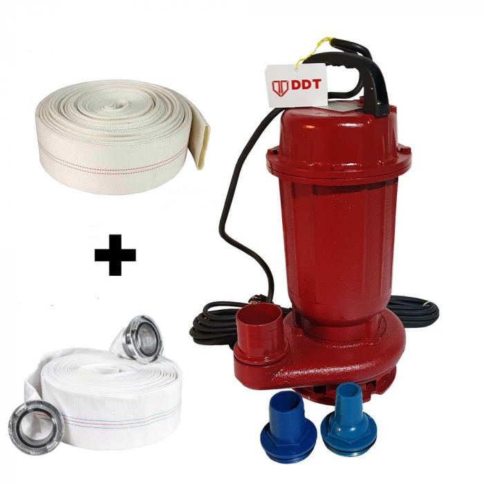 Pompa submersibila apa murdara, DDT, WQD10, 1100 W + Furtun pompier, 20 metri, 2 toli + Furtun pompier, 20 metri, 2 toli, cu cuple [1]