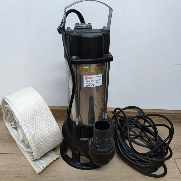 Pompa submersibila cu dublu tocator pentru apa murdara, DDT, V1500T, 1500 W, Inox + Furtun pompier, 20 metri, 2 toli - RESIGILATA [1]