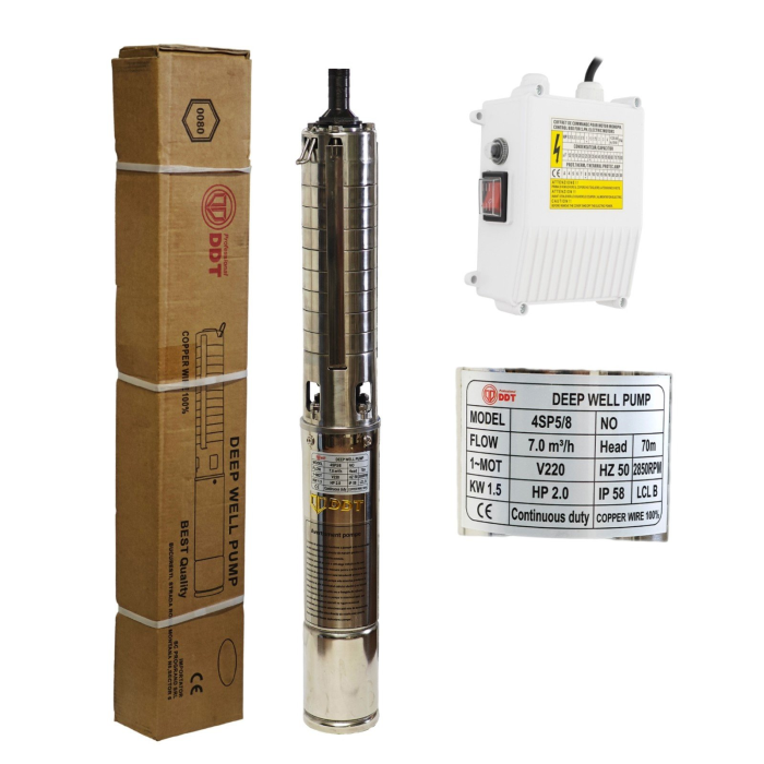 Pompa submersibilă de adâncime DDT 4SP5/8 – 1.5 kW, 2 CP, 7 m³/h, 70 m inaltimea de refulare, 8 turbine inox cu panou de control, rezistenta la nisip [1]
