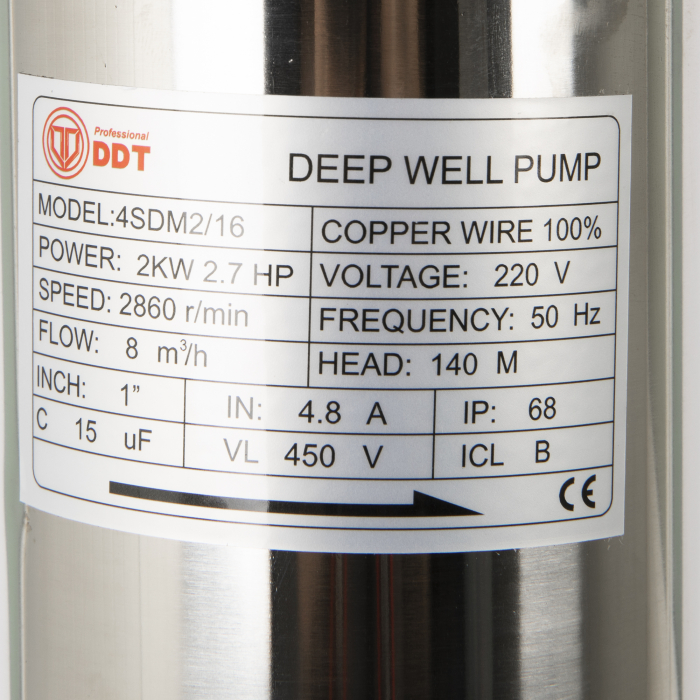 Pompa submersibila de mare adancime, DDT, 4SDM2-16, 2000 W, Inox, 16 turbine [2]