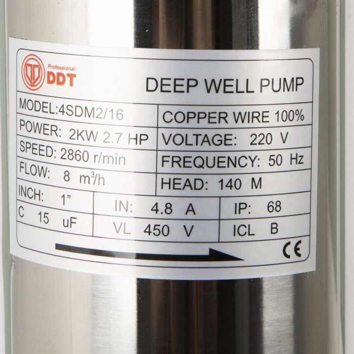 Pompa submersibila de mare adancime, DDT, 4SDM2-16, 2000 W, Inox, 16 turbine + Presostat electronic automat, DDT, LS-4 [3]