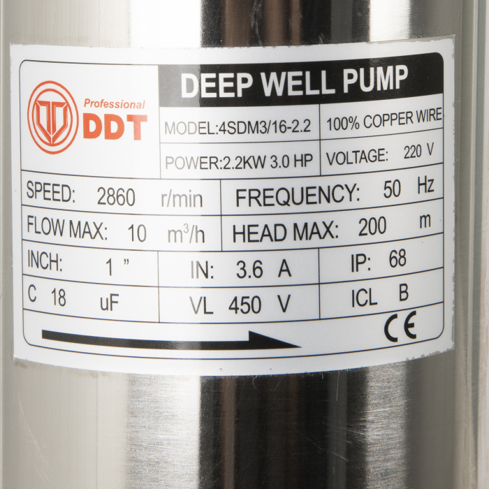 Pompa submersibila de mare adancime, DDT, 4SDM3-16, 2200 W, 16 turbine, 10 m³/h Inox, 30 m cablu [3]