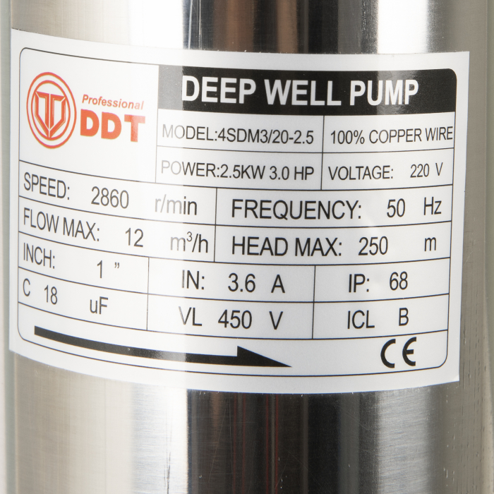 Pompa submersibila de mare adancime, DDT, 4SDM3-20, 2500 W, 20 turbine, 12 m³/h Inox, 30 m cablu, Resigilata [2]