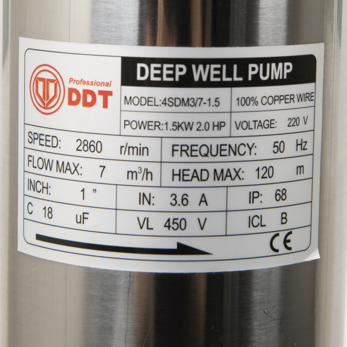 Pompa submersibila de mare adancime, DDT, 4SDM3-7, 1500 W, 7 m³/h, 7 turbine, Inox, 30 m cablu [3]