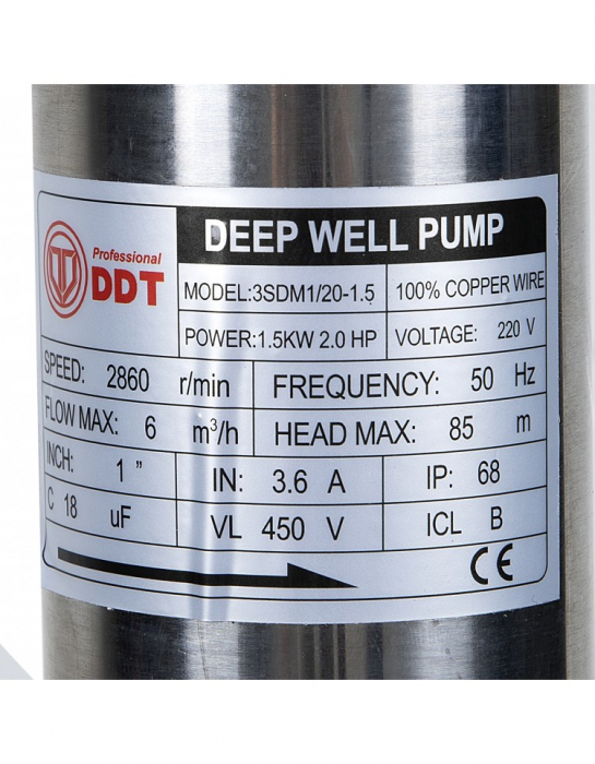 Pompa submersibila inox DDT Profesional 3SDM3/20, 75 mm diametru, 20 turbine, 1500 W, 6 MC/H - RESIGILATA [2]