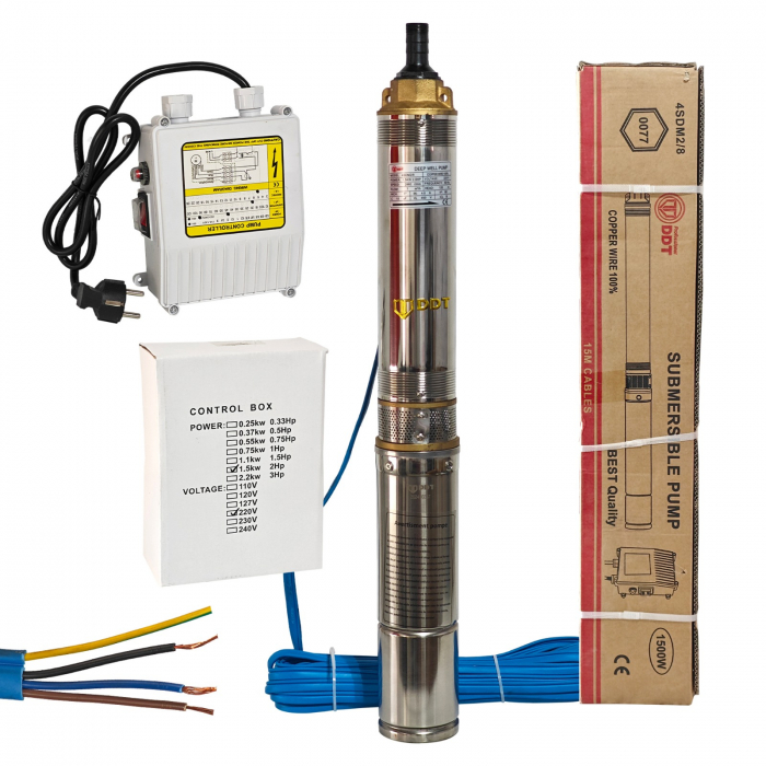 Pompa submersibila multietajata de mare adancime DDT, 4SDM2/8 DDT-0077, 1500 W, apa curata, carcasa inox-fonta, debit maxim 7000 L/h, inaltime maxim 120m, diametru pompa 100 mm, panou comanda,15m cabl [2]