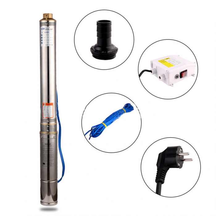 Pompa submersibila multietajata de mare adancime DDT, 4SDM2/8 DDT-0077, 1500 W, apa curata, carcasa inox-fonta, debit maxim 7000 L/h, inaltime maxim 120m, diametru pompa 100 mm, panou comanda,15m cabl [6]