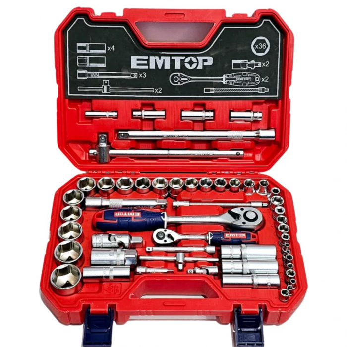 Set tubulare cu clichet  1/2", 21 componente, cutie de transport - ESKT12211, EMTOP [3]