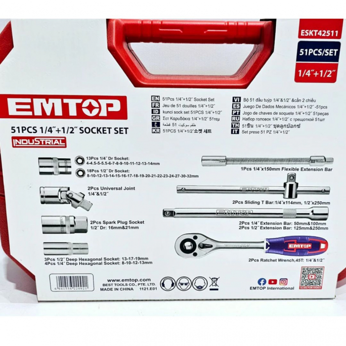 Set tubulare cu clichet  1/2", 21 componente, cutie de transport - ESKT12211, EMTOP [4]