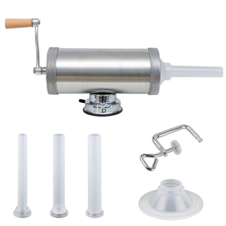 Masini de tocat+Masini de carnati - Aparat de umplut carnati DDT- VANES, Orizontal, Inox, Capacitate 3 kg, 3 Palnii Incluse, sistem dublu de prindere