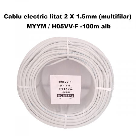 Cablu electric litat 2 X 1.5mm (multifilar) MYYM / H05VV-F, Rola 100 metri, alb [2]