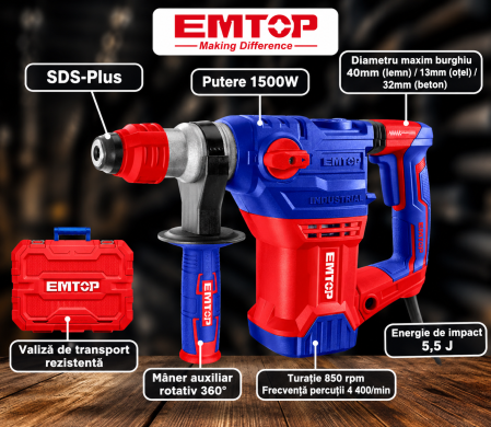 Emtop - Ciocan electric rotopercutor, 1500W, 5.5J, 3 burghie si 2 dalti incluse, cutie de transport - ERHRP1502, EMTOP
