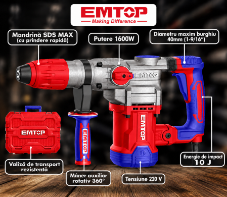 Emtop - Ciocan electric rotopercutor 1600W, 10.0J, cutie de transport - ERHRM1608, EMTOP