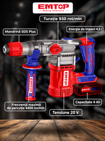 Emtop - Ciocan rotopercutor cu 2 acumulatori 4.0Ah, motor fara perii (brushless), 28mm, 2.0J, 3 burghie, cutie de transport - ELRH202882, EMTOP