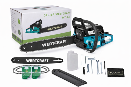 Drujbe - Drujba pe benzina Wertcraft, 5 CP, 52 CC, 2 timpi, 2 x lama 40 cm, 2 x lant, demaror Easy Start, aprindere electronica
