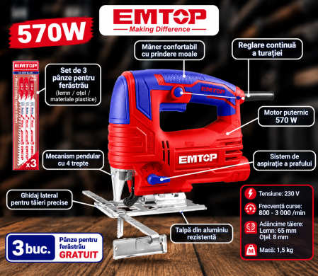 Emtop - Fierastrau electric pendular 570W, 4 trepte, 3 lame fierastrau - EJSW5701, EMTOP