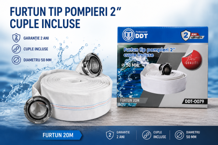 Pompe apă și Hidrofoare - Furtunul de pompier 2'' 20 m, 8 bari, cu cuple