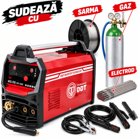 Aparate sudura - Invertor/Aparat de sudura, DDT-2005, cu rola sarma si electrod si gaz, MIG/MMA DDT PROFESSIONAL, 230 V, 20-350 A curent, 0.8-1.0 mm diametru sarma de sudura, 1.6-5mm diametru electrod de sudura