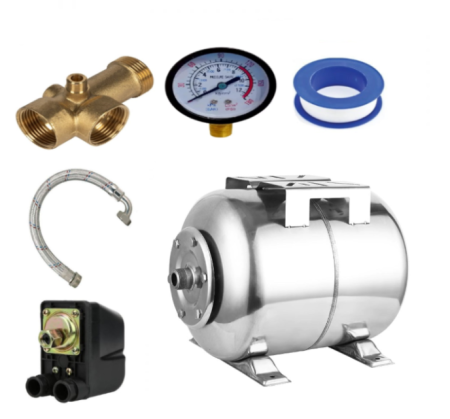 Hidrofoare - Kit accesorii hidrofor, vas expansiune 24L inox DDT, presostat, manometru, racord 5 cai bronz, furtun racord inox cu cot 60cm