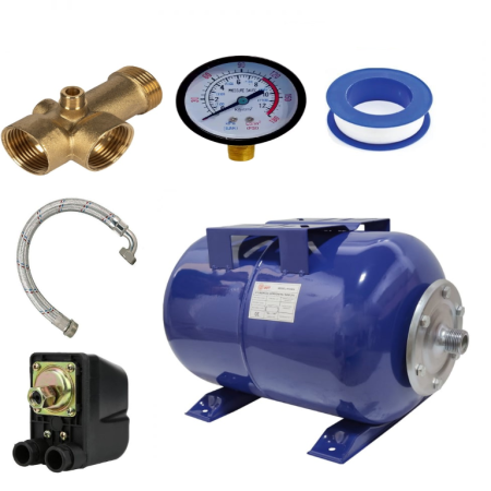 Hidrofoare - Kit accesorii hidrofor, vas expansiune 24L otel DDT, presostat, manometru, racord 5 cai bronz, furtun racord inox cu cot 60cm
