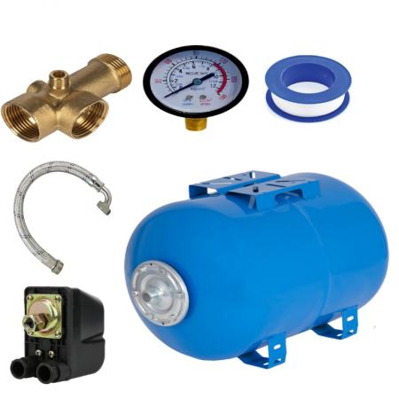 Hidrofoare - Kit accesorii hidrofor DDT, vas expansiune 50L otel, presostat, manometru, racord 5 cai bronz, furtun racord inox cu cot 60cm