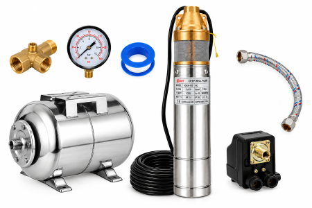 Hidrofoare - Kit complet hidrofor cu pompă submersibilă DDT 4SKM-100, 1.5 kW, inox,  refulare 120 m, cu vas de expansiune inox de 24 L