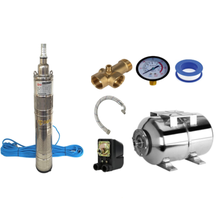 Hidrofoare - Kit complet hidrofor, DDT, QGD120, Inox complet, suruburi inox, sita protectie, 20 m cablu, 120 m, 3 m³/h + bazin inox 24L + accesorii