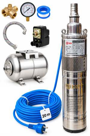 Pompe submersibile - Kit complet hidrofor, DDT, QGD120, Inox complet, suruburi inox, sita protectie, 20 m cablu, 120 m, 3 m³/h + bazin inox 24L + accesorii