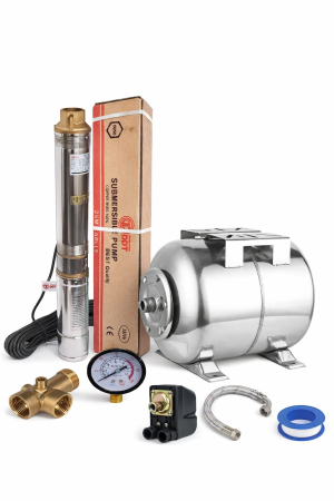 Pompe submersibile - Kit complet hidrofor Pompa submersibila de adancime, DDT, 4QJD2-8, 1500 W, 8 turbine, 7 mc/h , 25 metri cablu+ Bazin inox 24 L + accesorii