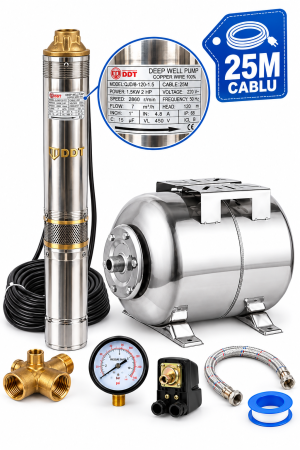 Pompe apă și Hidrofoare - Kit complet hidrofor Pompa submersibila de adancime, DDT, 4QJD2-8, 1500 W, 8 turbine, 7 mc/h , 25 metri cablu+ Bazin inox 24 L + accesorii