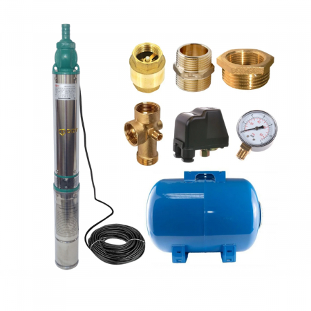 Pompe submersibile - Kit complet hidrofor, Pompa submersibila de apa curata 1500 W, 8 turbine, Cablu alimentare 15 Metri, Bazin hidrofor 50 Litri, accesorii incluse