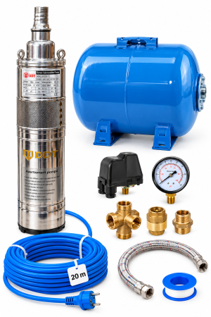 Hidrofoare - Kit complet hidrofor, Pompa submersibila de apa curata , pe snec 1100 W, Cablu alimentare 20 Metri, Bazin hidrofor 50 Litri, accesorii incluse