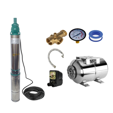Hidrofoare - Kit complet hidrofor Pompa submersibila de mare adancime, DDT, QJD120-1.5, 1500 W, Inox, 8 turbine + Bazin inox 24 L + accesorii