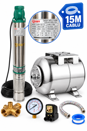 Hidrofoare - Kit complet hidrofor Pompa submersibila de mare adancime, DDT, QJD120-1.5, 1500 W, Inox, 8 turbine + Bazin inox 24 L + accesorii