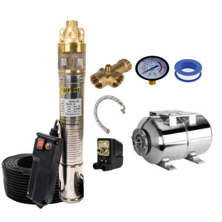 Pompe apa - Kit complet sistem hidrofor Pompa submersibila, DDT, 4SKM-100, 1.5 kW, Inox + Alama, 3 m³/h, 120 m + Bazin inox 50 L + sistem premium complet