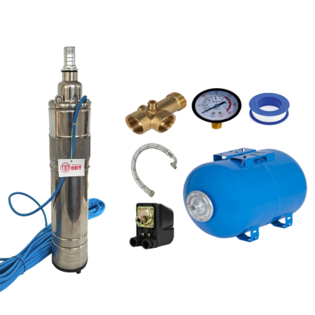 Pompe apa - Kit Hidrofor 50L cu pompa apa submersibila 1 DDT, QGD120, Inox, 120 m, 3 m³/h, 20 m cablu , Sistem premium complet