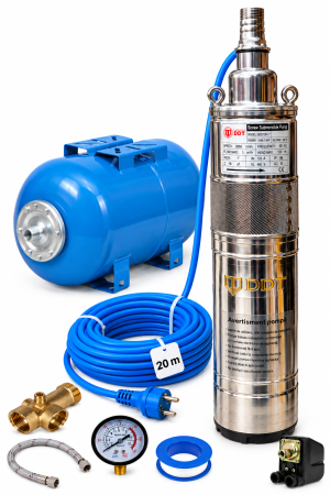 Pompe submersibile - Kit Hidrofor 50L cu pompa apa submersibila 1 DDT, QGD120, Inox, 120 m, 3 m³/h, 20 m cablu , Sistem premium complet