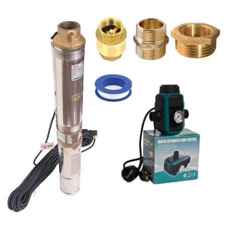 Pompe apa - Kit Pompa submersibila de adancime, DDT, 4QJD2-8, 1500 W, 8 turbine, 7 mc/h , 25 metri cablu + Presostat electronic inteligent digital reglabil DDT + accesorii