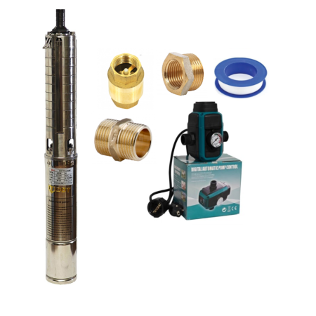 Pompe apa - Kit pompa submersibilă de adâncime DDT 4SP5/8 – 1.5 kW, 2 CP, 7 m³/h, 8 turbine inox cu panou de control, rezistenta la nisip + Presostat electronic inteligent digital reglabil DDT + accesorii