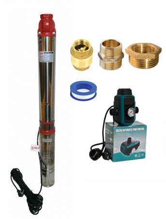 Pompe apa - Kit Pompa submersibila de mare adancime, DDT, QJD12-120-1.8, 1800 W, 8 m³/h, 12 turbine, Inox + Presostat electronic inteligent digital reglabil DDT + accesorii