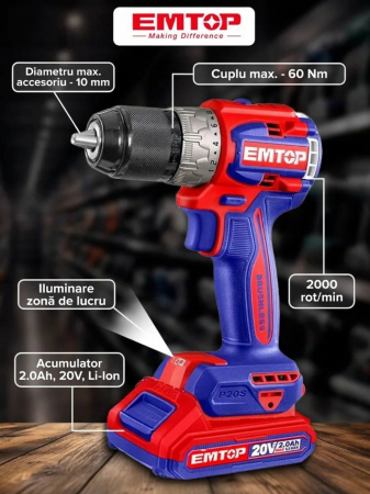 Emtop - Masina de gaurit  si insurubat cu 2 acumulatori 2.0AH, motor fara perii (brushless), 60Nm, 1/2", 47 accesorii, cutie transport - ECDL20602, EMTOP