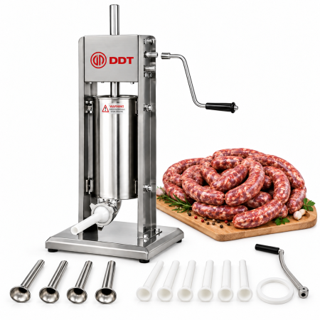 Masina profesionala de umplut carnati, verticala, DDT, 5kg, inox, cu reductor, sistem mecanic, 10 palnii incluse [0]