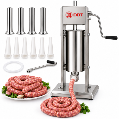 Masina profesionala de umplut carnati, verticala, DDT, 7kg, inox, cu reductor, sistem mecanic, 10 palnii incluse [0]