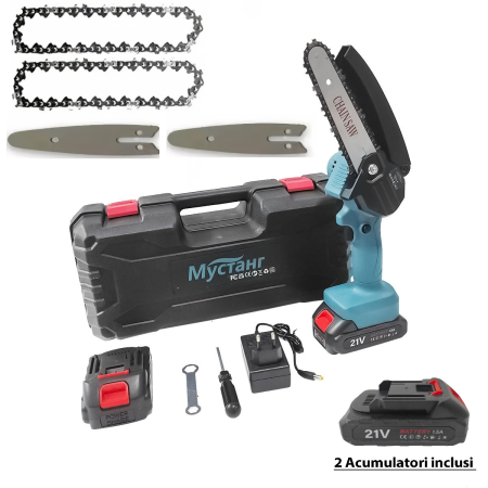 Drujbe - MINI DRUJBA MUSTANG CU 2 ACUMULATORI, 550 W, 21 V, 1.5 AH, LAMA 18.5 cm + 2 LAME si 2 LANTURI