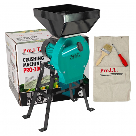 Mori electrice - Moara electrica cu suport din metal pentru cereale si stiuleti (2 in 1), DDT-PRO.I.T. Cuva Mare, motor 3,9 kw , 3000 rpm, 320 kg/h, 4 site de rezerva, 20 ciocanele,bonus sac,surubelnita si perie.